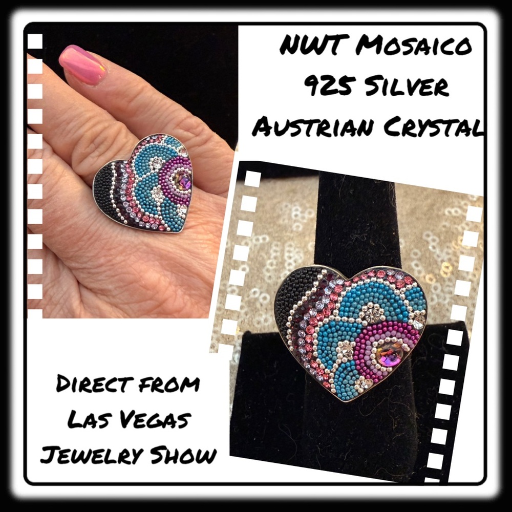 Nwt Mosaico. Austrian Crystal Adjustable Ring With Beading And 925 Silver